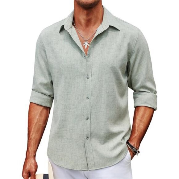 Men's Long Sleeve Button Down Linen Shirt Casual Untucked Chambray Shirt - Picture 1 of 6